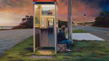 Less than 10 per cent of Australians now use a public telephone box. Painting by Julia Ciccarone. The package, 2014 oil on linen, 80 x 172cm. (16628) Private collection, Melbourne. Courtesy of the artist and Niagara Galleries, Melbourne.