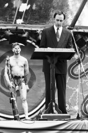 Former prime minister Paul Keating delivers a speech in Redfern, Sydney, to mark the International Year of the World's Indigenous People in 1992.