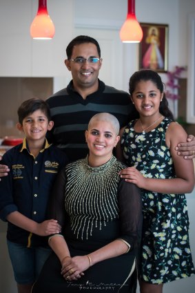 Coombs mum Bindhu Jexin soon after she took part in the World's Greatest Shave for her son Tom, 9, who is now in remission from leukaemia, with the support of husband Jexin and daughter Angelina, 11.