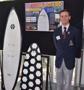 Lachlan Bolton's extendable modular surfboard, called Future Board, can fit into a regular size body board bag.