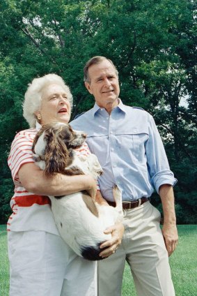 Then vice-president George H.W. Bush and Barbara Bush talk to reporters outside their home in Washington DC, 1988. 