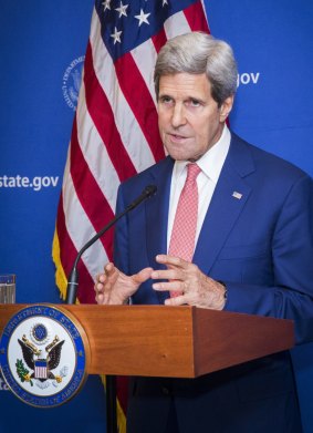 US Secretary of State John Kerry anounces the ceasefire at a late-night press conference in the Indian capital, Delhi. 