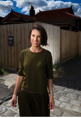 Photograph Simon O'Dwyer. The Age Newspaper 'Spectrum Books'. 260315. Photograph Shows. Lisa Gorton, award winning poet, who has written her first novel for adults, The Life of Houses. Photographed near Pope Cafe in Brunswick East.