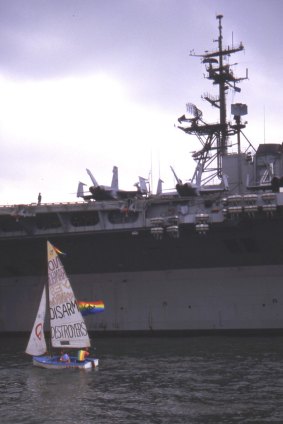 Snow protesting against nuclear armed warships in Sydney Harbour. 