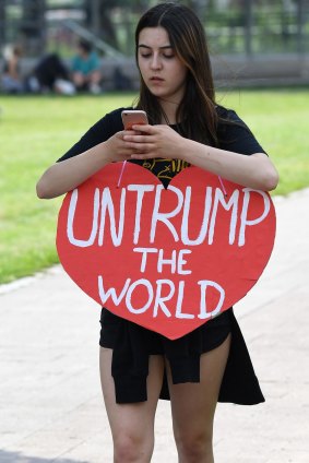 An anti-Trump  protester in Hamburg for the G20.