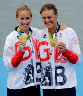 Deadly 60 host Steve Backshall is married to British rower Helen Glover (left) pictured here with Heather Stanning, celebrating their gold medal win at the Rio Olympics.