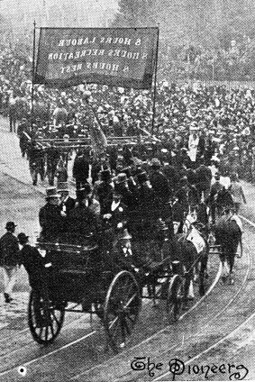 The "pioneers" of the eight-hour movement marching in the Eight Hours Procession on May 1, 1895. 