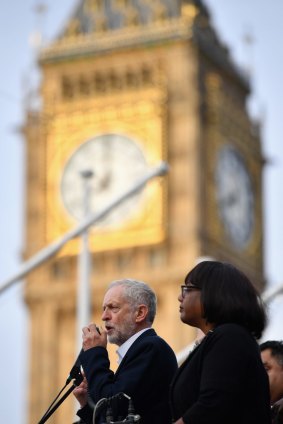 Fighting for survival: Labour leader Jeremy Corbyn delivers a speech during a 'Keep Corbyn' rally outside the Houses of Parliament.