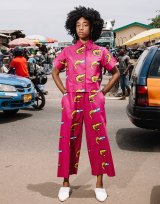 A model in the latest Yevu collection featuring traditional Ghanaian prints.