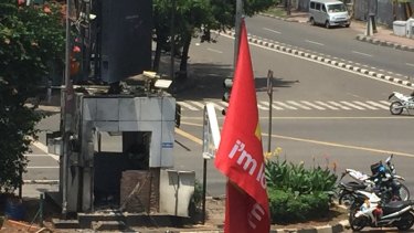 The site of a blast in central Jakarta.