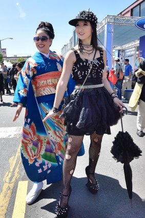 Japanese fashion, past and present, at the  cherry blossom festival in Japantown, San Francisco. 