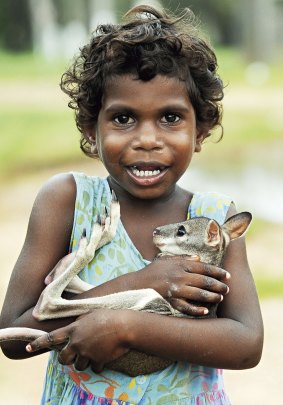 Tamisa Pootchemunka, three, cuddles a baby wallaby found wandering the township of Aurukun outside her home.