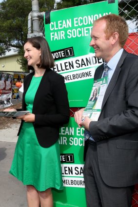 Successful Greens candidate Ellen Sandell and party leader Greg Barber at the Kensington Primary School polling booth on Saturday. 