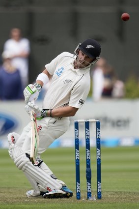 New Zealand's Hamish Rutherford duck a bouncer on day one of the second Test.