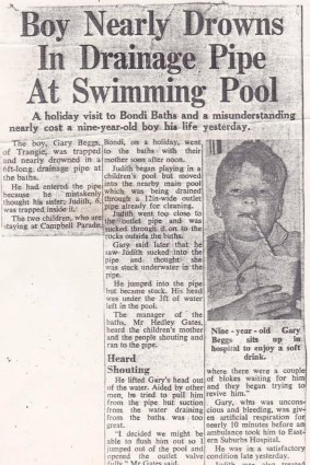 Clipping: A news article about near drowning victims Gary and Judith Beggs.