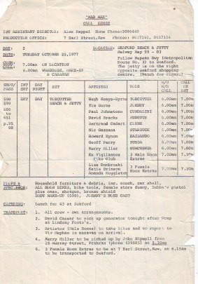 A daily call sheet from unit manager John Hipwell includes Melway map references and instructions for ''hoon extras''.