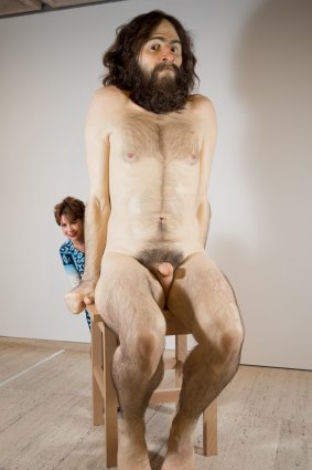 Kathy Lette with Ron Mueck's sculpture Wild Man in the AGNSW's Nude exhibition.