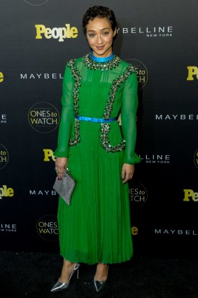 Ruth Negga arrives at the People's "Ones To Watch" party in crystal-embellished green Prada. 