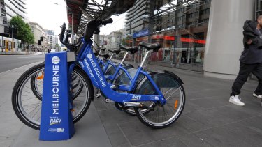 Melbourne Bike Share bikes, a council and RACV initiative, line up outside Southern Cross station.