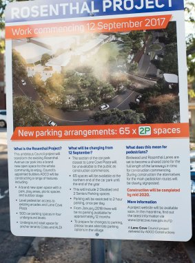 A sign near the carpark explains the extensive changes during construction of the new village square.