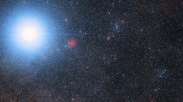 This image of the sky around the bright star Alpha Centauri AB also shows the much fainter red dwarf star, Proxima Centauri, the closest star to our solar system. 