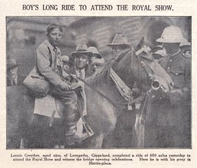 Sydney Morning Herald clipping of Lennie Gwyther, nine, arriving in Martin Place, Sydney, 1932. He had ridden 1000km from Leongatha, Victoria, on his pony, Ginger Mick.