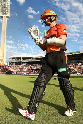 Michael Klinger, playing for the Scorchers, walks out to open the batting during a Big Bash League match.