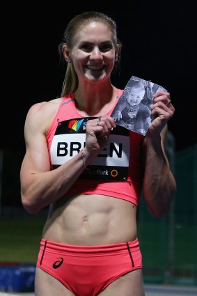 Melissa Breen wins the 100 metres national title on Saturday night with Hunter Reid the inspiration pinned to her bib.