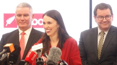 Labour leader Jacinda Ardern flanked by deputy leader Kelvin Davis (left) and Wellington Central MP Grant Robertson (right) during her announcement that Labour would form a government with NZ First.