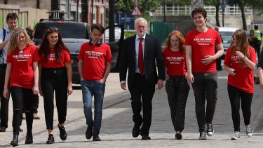 Jeremy Corbyn attends a campaign rally with young activists in May.