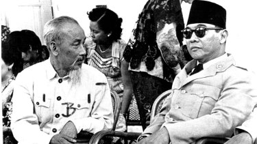 Ho Chi Minh, then president of North Vietnam, chats with Sukarno in Indonesia in 1959.