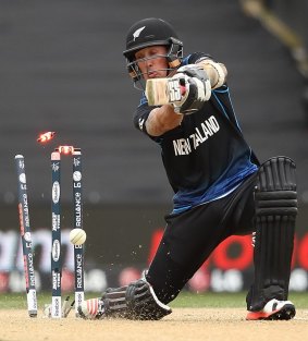 New Zealand's Luke Ronchi is bowled but was given not out.