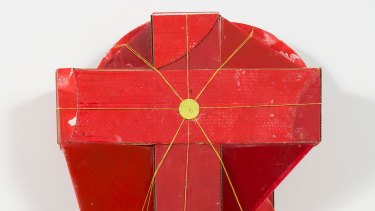 Rose Nolan, A Red Constructed Work 1992-93, synthetic polymer paint, oil paint, cardboard, perspex, tin lid and nylon cord 84 x 63 x 32 cm Heide Museum of Modern Art. Gift of Rose Nolan 2014. Detail.