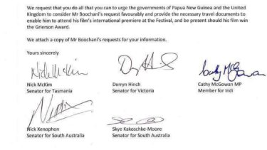 The letter sent by MPs to Foreign Minister Julie Bishop and Immigration Minister Peter Dutton.