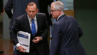 Tony Abbott and Malcolm Turnbull shortly before the leaderhip spill in September 2015. 