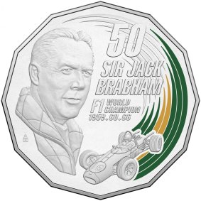 Sir Jack Brabham AO, OBE has appeared on a limited mintage of 50 cent coins.