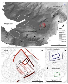 A map of the terrain shows the main San Rocco fort and the two smaller systems, Grociana Piccola and Montedoro.