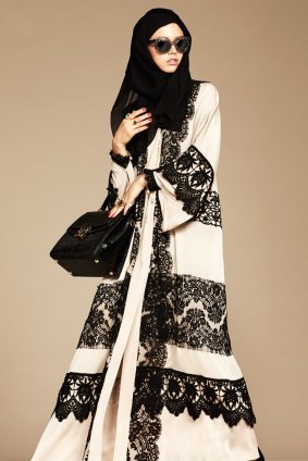 A model wears the new collection of hibabs and abayas by Dolce & Gabbana.