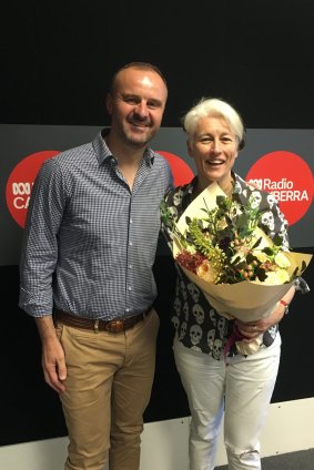 Andrew Barr after presenting outgoing ABC radio host Genevieve Jacobs with flowers last year: The average age of ABC television news viewers is the mid-60s, he says.
