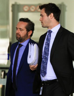 Defence lawyer Dennis Kinsella (left) and his associate leave the court this week after a bail application for Dina Bond.