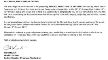 The official invite from the London Film Festival to Behrouz Boochani.