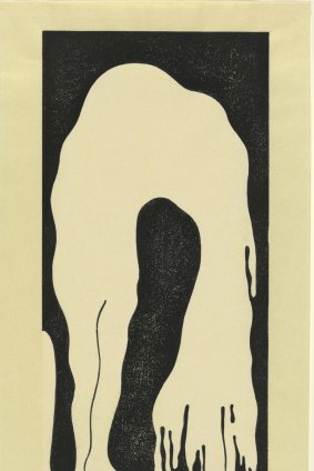<i>Weeping</i>, 1999, a
colour woodblock by Brent Harris.