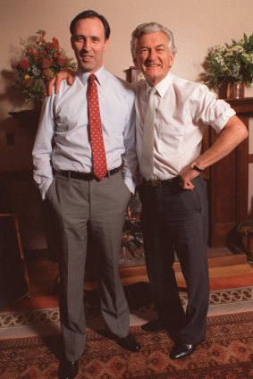 Best of friends: Paul Keating and Bob Hawke played nice for the Sunday Age photographer.
