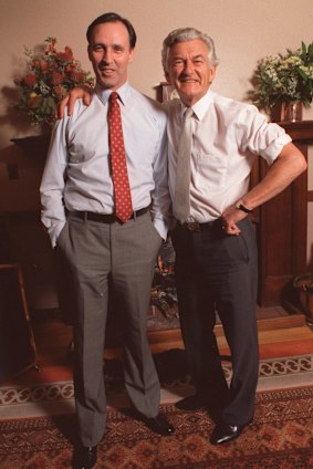 Best of friends: Paul Keating and Bob Hawke played nice for the Sunday Age photographer.