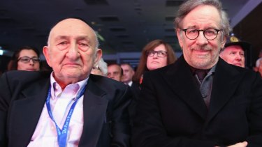 Steven Spielberg and holocaust survivor Samuel Beller during the gathering organised by USC Shoa Foundation and the World Jewish Congress.  