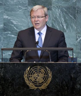 Former prime minister Kevin Rudd addresses the United Nations, while PM, in 2009.