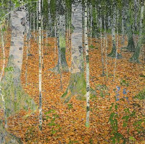 The Birch Wood, 1903 (oil on canvas) by Klimt, Gustav (1862-1918); 110x110 cm; Private Collection; (add.info.: this work was in the collection of the Osterreichische Galerie Belvedere in Vienna until 2006 when it was returned to the heirs of its pre-WW2 owner and sold at auction). Print available from Thestore.com.au/klimt