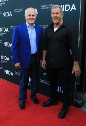 Mel Gibson attends the opening of the new NIDA graduate school in Kensington with prime minister Malcom Turnbull.