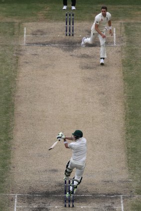 Immovable: Steve Smith hits a single off Chris Woakes.
