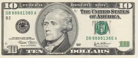 A $US10 bill, from 2003, featuring Alexander Hamilton.